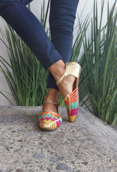 Gold Colors Huarache Sandal Hippie Vintage Mexican Style Colorful Mexican Leather Huaraches