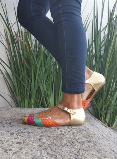 Gold Colors Huarache Sandal Hippie Vintage Mexican Style Colorful Mexican Leather Huaraches