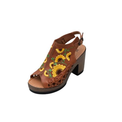 Macarena Collection Women's Flatform Wedge Casual Sandal Huarache Colorful Leather Mexican Style Color 517 Block Heel Sandals - Sunflower Embroidered Artisan Design