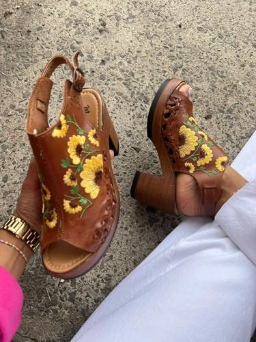 Macarena Collection Women's Flatform Wedge Casual Sandal Huarache Colorful Leather Mexican Style Color 517 Block Heel Sandals - Sunflower Embroidered Artisan Design