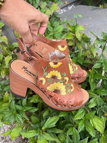 Macarena Collection Women's Flatform Wedge Casual Sandal Huarache Colorful Leather Mexican Style Color 517 Block Heel Sandals - Sunflower Embroidered Artisan Design