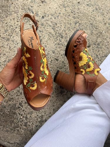 Macarena Collection Women's Flatform Wedge Casual Sandal Huarache Colorful Leather Mexican Style Color 517 Block Heel Sandals - Sunflower Embroidered Artisan Design