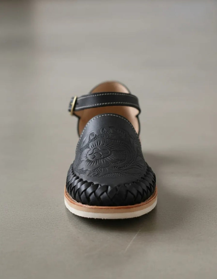 blue huaraches with gold strap