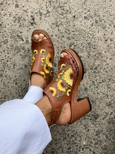 Macarena Collection Women's Flatform Wedge Casual Sandal Huarache Colorful Leather Mexican Style Color 517 Block Heel Sandals - Sunflower Embroidered Artisan Design