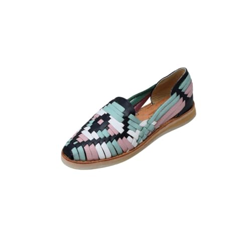 Macarena Collection Sandals women Huarache Sandal Colorful Leather Mexican Style Black with Mint Rombo