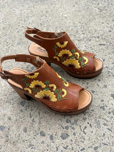 Macarena Collection Women's Flatform Wedge Casual Sandal Huarache Colorful Leather Mexican Style Color 517 Block Heel Sandals - Sunflower Embroidered Artisan Design