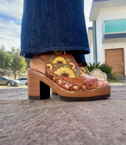 Macarena Collection Women's Flatform Wedge Casual Sandal Huarache Colorful Leather Mexican Style Color 517 Block Heel Sandals - Sunflower Embroidered Artisan Design