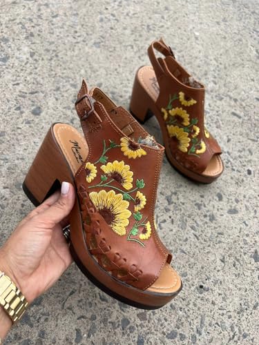Macarena Collection Women's Flatform Wedge Casual Sandal Huarache Colorful Leather Mexican Style Color 517 Block Heel Sandals - Sunflower Embroidered Artisan Design